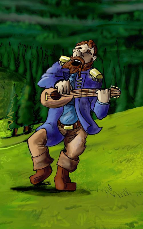 man singing & dancing while playing the lute, in an intense postitive emotional state